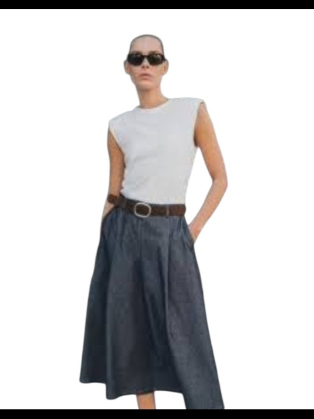 Zara White & Faux Denim One Piece  Sleeveless Belted Crewneck Dress NWT SMALL